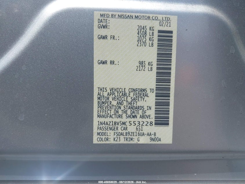 2021 Nissan Leaf VIN 1N4AZ1BV5MC553228 IAAI salvage auction — FRONT END, Salvage Title, sold $2,250 on 2026-08-20 (photo 9)