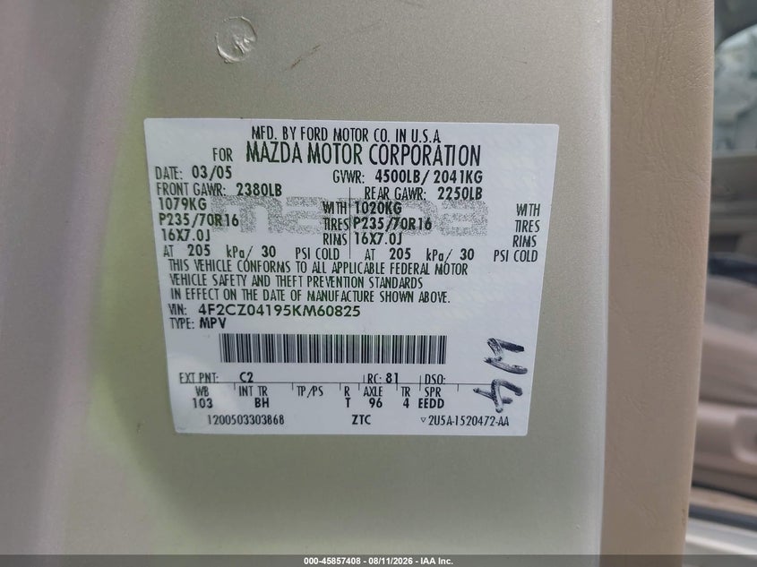2005 Mazda Tribute VIN 4F2CZ04195KM60825 IAAI salvage auction — REAR END, Salvage (Indiana), sold $500 on 2026-08-31 (photo 9)