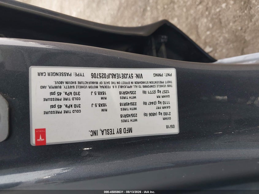2018 Tesla Model 3 VIN 5YJ3E1EA8JF025706 IAAI salvage auction — FRONT END, Wait Title, sold $5,400 on 2026-09-02 (photo 9)