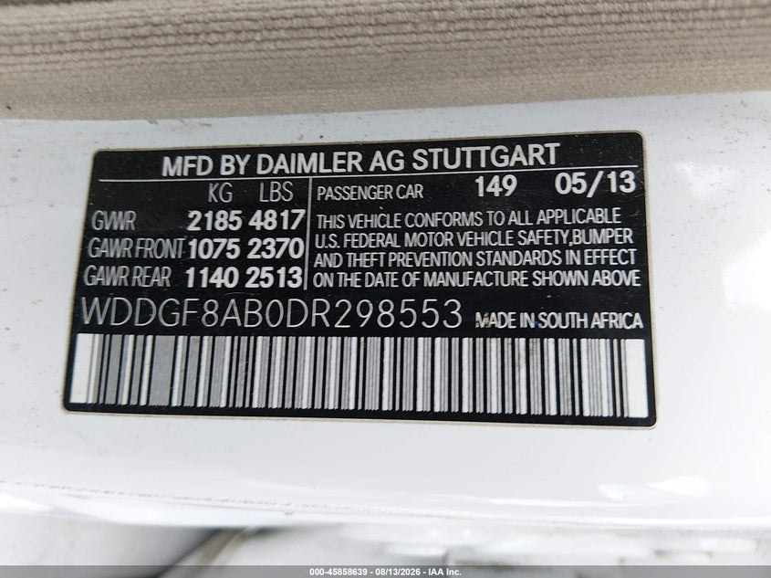 2013 Mercedes-benz C-klasse VIN WDDGF8AB0DR298553 IAAI salvage auction — NORMAL WEAR, Clear (Georgia), sold $700 on 2026-08-21 (photo 9)