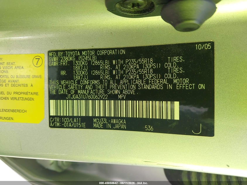 2006 Lexus Rx 330 VIN JTJGA31U760062922 IAAI salvage auction — NORMAL WEAR, Clear - Dealer Only (California), sold $725 on 2026-08-23 (photo 9)