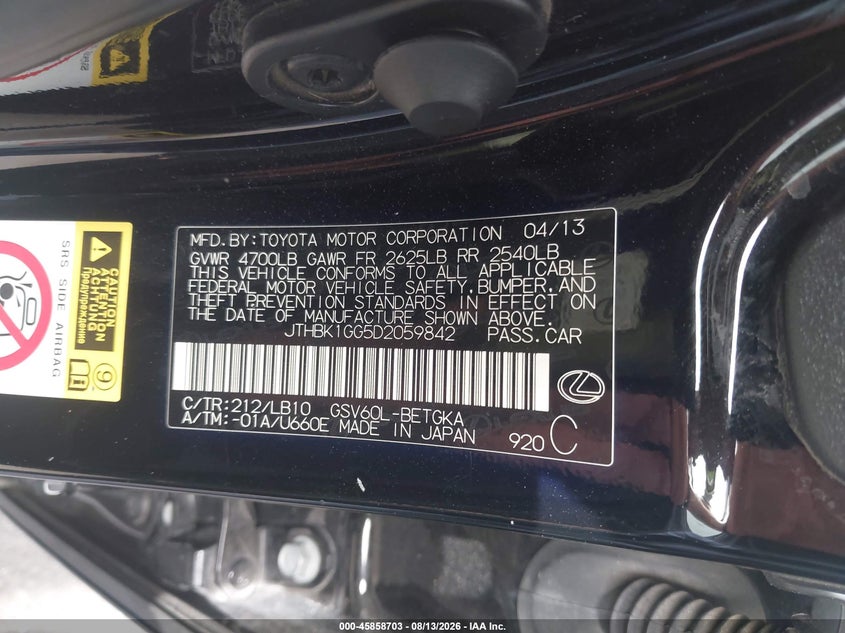 2013 Lexus ES VIN JTHBK1GG5D2059842 IAAI salvage auction — LEFT FRONT, Salvage Title, sold $2,300 on 2026-09-07 (photo 9)