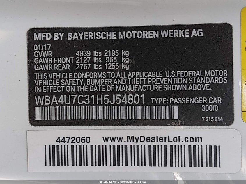 2017 BMW 4er VIN WBA4U7C31H5J54801 IAAI salvage auction — NORMAL WEAR, Wait Title, sold $7,950 on 2026-08-21 (photo 9)