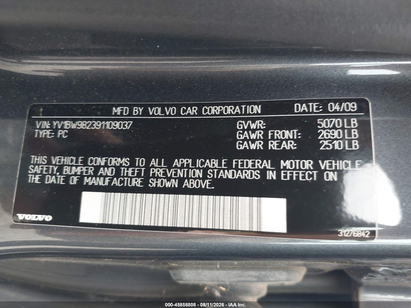 2009 Volvo V70 VIN YV1BW982391109037 IAAI salvage auction — NORMAL WEAR, Clear (Virginia), sold $1,150 on 2026-08-18 (photo 9)