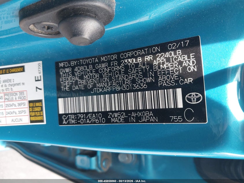 2017 Toyota Prius VIN JTDKARFP8H3013636 IAAI salvage auction — UNDERCARRIAGE, Salvage Certificate (California), sold $6,000 on 2026-08-23 (photo 9)