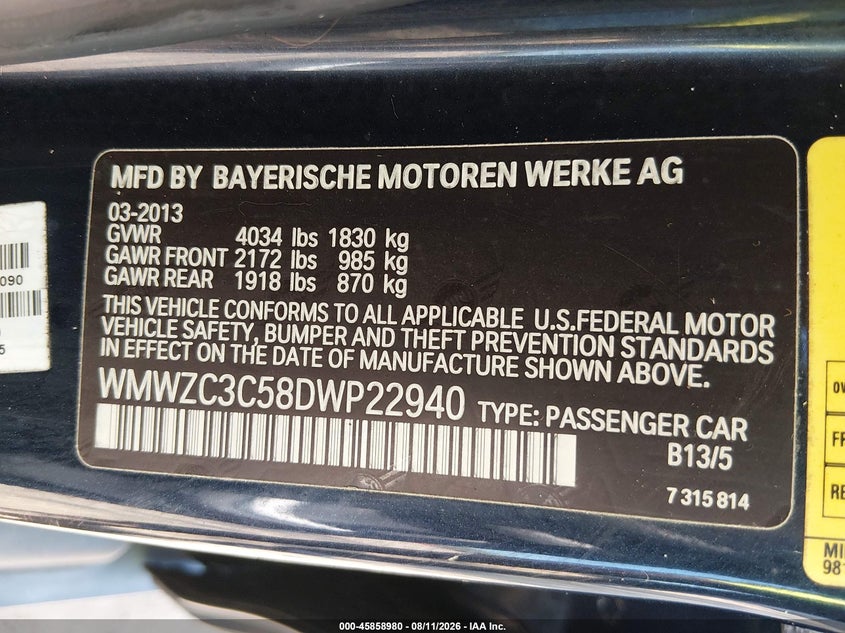 2013 Mini Countryman VIN WMWZC3C58DWP22940 IAAI salvage auction — NORMAL WEAR, Clear (Florida), sold $250 on 2026-08-22 (photo 9)