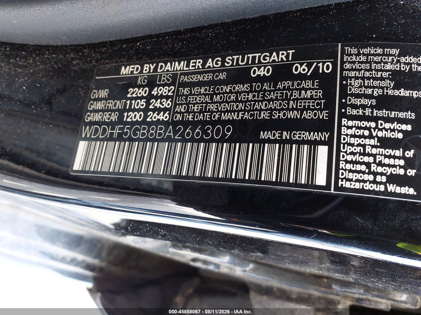2011 Mercedes-benz E-class VIN WDDHF5GB8BA266309 IAAI salvage auction — NORMAL WEAR, Clear (Illinois), sold $1,125 on 2026-08-17 (photo 9)