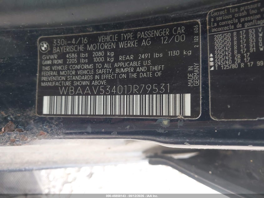 2001 BMW 3 series VIN WBAAV53401JR79531 IAAI salvage auction — FRONT END, Clear (Wisconsin), sold $275 on 2026-08-18 (photo 9)