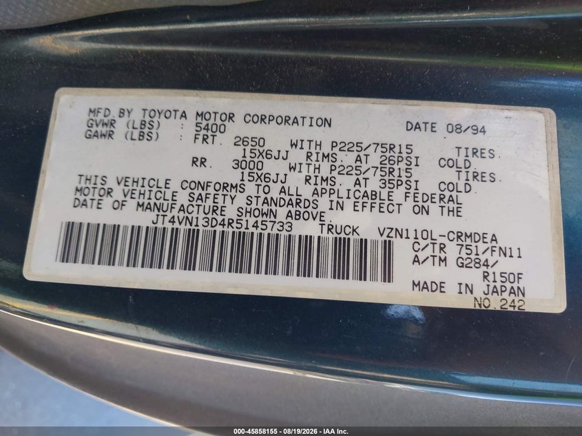 1994 Toyota Pickup VIN JT4VN13D4R5145733 IAAI salvage auction — NORMAL WEAR, Clear - Dealer Only (California), sold $7,600 on 2026-08-31 (photo 9)