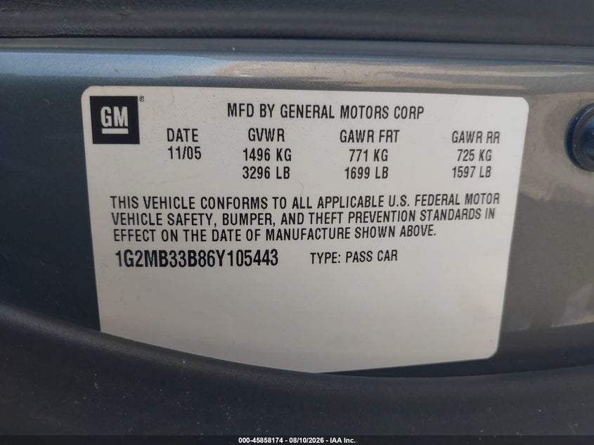 2006 Pontiac Solstice VIN 1G2MB33B86Y105443 IAAI salvage auction — NORMAL WEAR, Clear - Dealer Only (California), sold $1,000 on 2026-08-19 (photo 9)