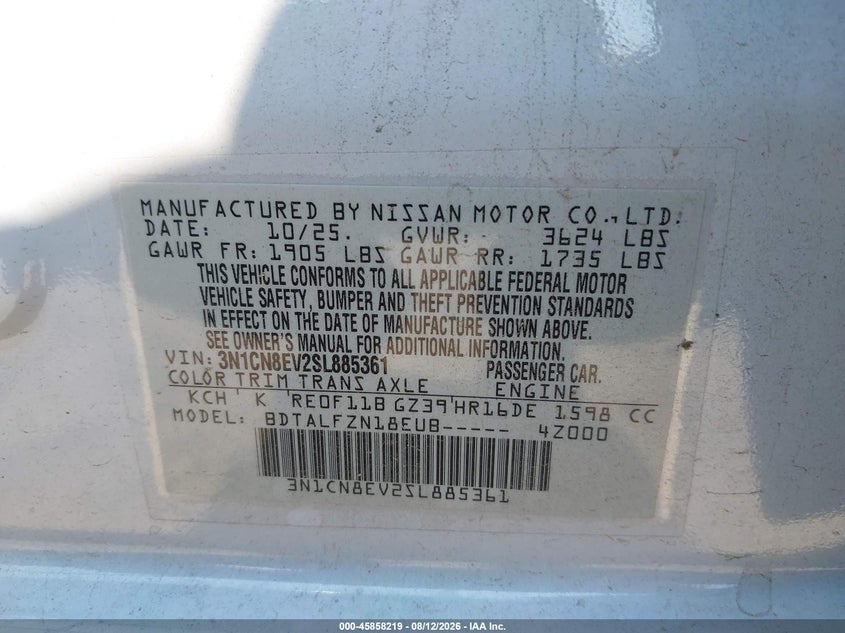 2025 Nissan Versa VIN 3N1CN8EV2SL885361 IAAI salvage auction — RIGHT FRONT, Enterprise Vehicles Clear Only (Massachusetts), sold $10,850 on 2026-08-13 (photo 9)