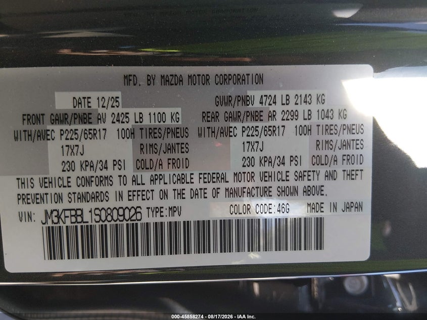 2025 Mazda Cx-5 VIN JM3KFBBL1S0809026 IAAI salvage auction — FRONT END, Enterprise Vehicles Clear Only (Texas), sold $13,600 on 2026-08-20 (photo 9)