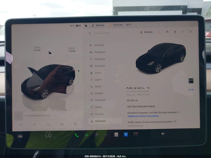 2022 Tesla Model y VIN 7SAYGDEE3NF514835 IAAI salvage auction — FRONT END, Salvage Title, sold $8,100 on 2026-09-16 (photo 7)