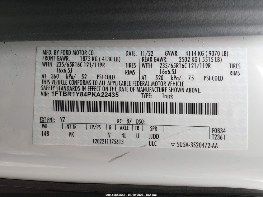2023 Ford Transit-250 VIN 1FTBR1Y84PKA22435 IAAI salvage auction — RIGHT SIDE, Original (Ohio), sold $12,200 on 2026-09-10 (photo 9)
