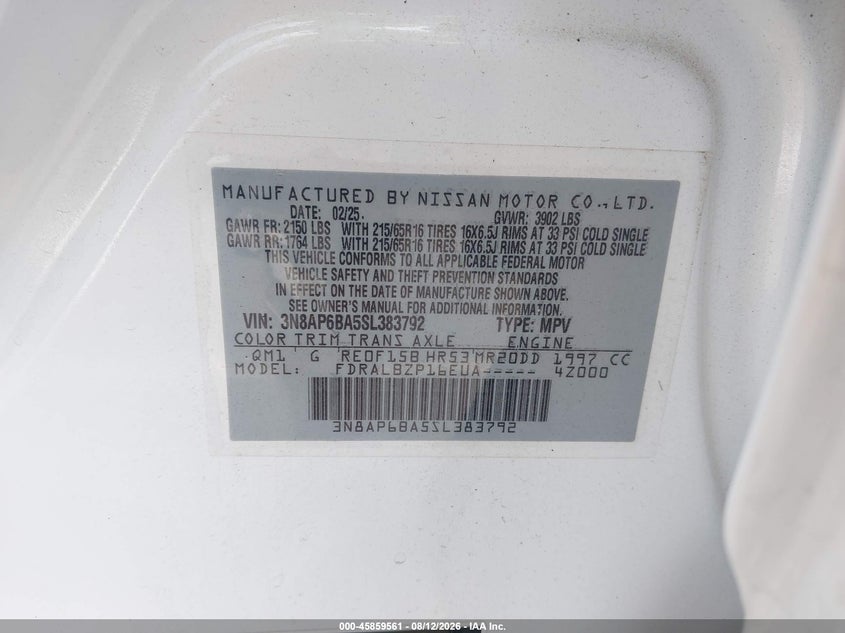 2025 Nissan Kicks VIN 3N8AP6BA5SL383792 IAAI salvage auction — REAR END, Clear (North Carolina), sold $8,100 on 2026-08-19 (photo 9)