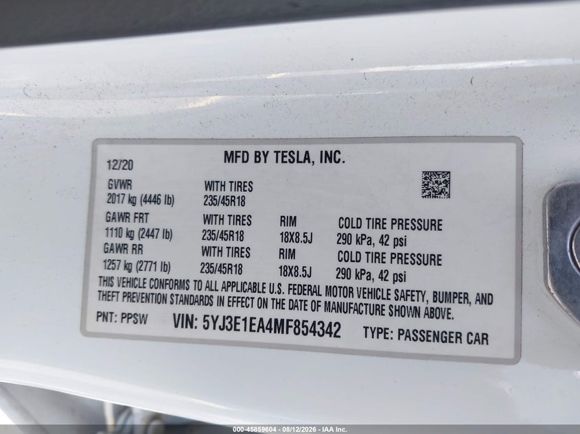 2021 Tesla Model 3 VIN 5YJ3E1EA4MF854342 IAAI salvage auction — UNDERCARRIAGE, Wait Title, sold $5,100 on 2026-09-28 (photo 9)