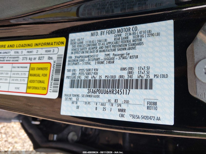 2017 Ford Fusion VIN 3FA6P0UU6HR345117 IAAI salvage auction — NORMAL WEAR, Sf97 (Virginia), sold $9,025 on 2026-09-08 (photo 9)