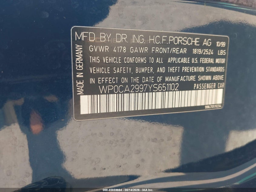 2000 Porsche 911 VIN WP0CA2997YS651102 IAAI salvage auction — FRONT END, Mv-907A (New York), sold $8,900 on 2026-08-25 (photo 9)