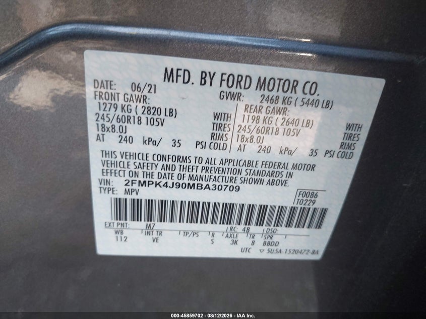 2021 Ford Edge VIN 2FMPK4J90MBA30709 IAAI salvage auction — RIGHT SIDE, Salvage (Georgia), sold $7,450 on 2026-09-23 (photo 9)
