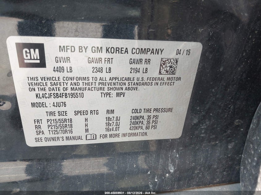 2015 Buick Encore VIN KL4CJFSB4FB195510 IAAI salvage auction — NORMAL WEAR, Salvage Title (New York), sold $625 on 2026-09-03 (photo 9)