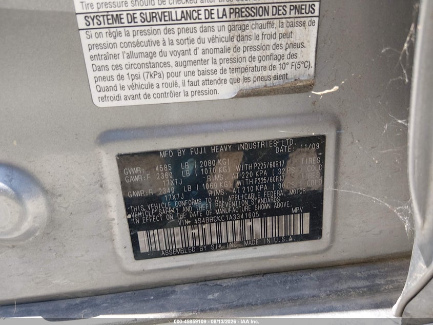 2010 Subaru Outback VIN 4S4BRCKC1A3341605 IAAI salvage auction — NORMAL WEAR, Original (Texas), sold $500 on 2026-09-05 (photo 9)