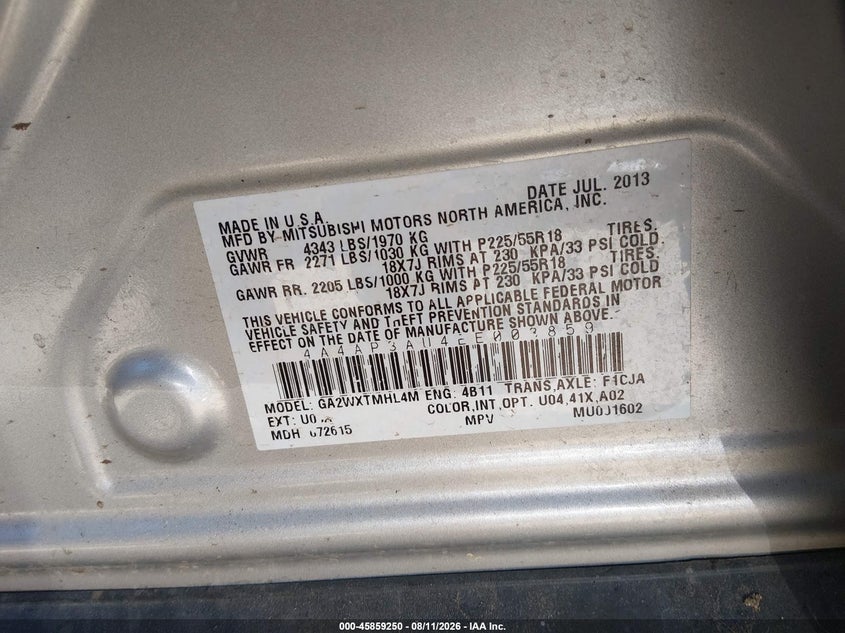 2014 Mitsubishi Outlander VIN 4A4AP3AU4EE003859 IAAI salvage auction — NORMAL WEAR, Clear (Washington), sold $325 on 2026-08-28 (photo 9)