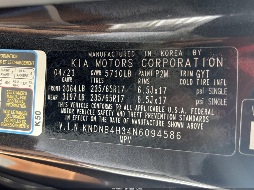2022 Kia Carnival VIN KNDNB4H34N6094586 IAAI salvage auction — REPOSSESSION, Salvage Title, sold $7,825 on 2026-08-25 (photo 9)