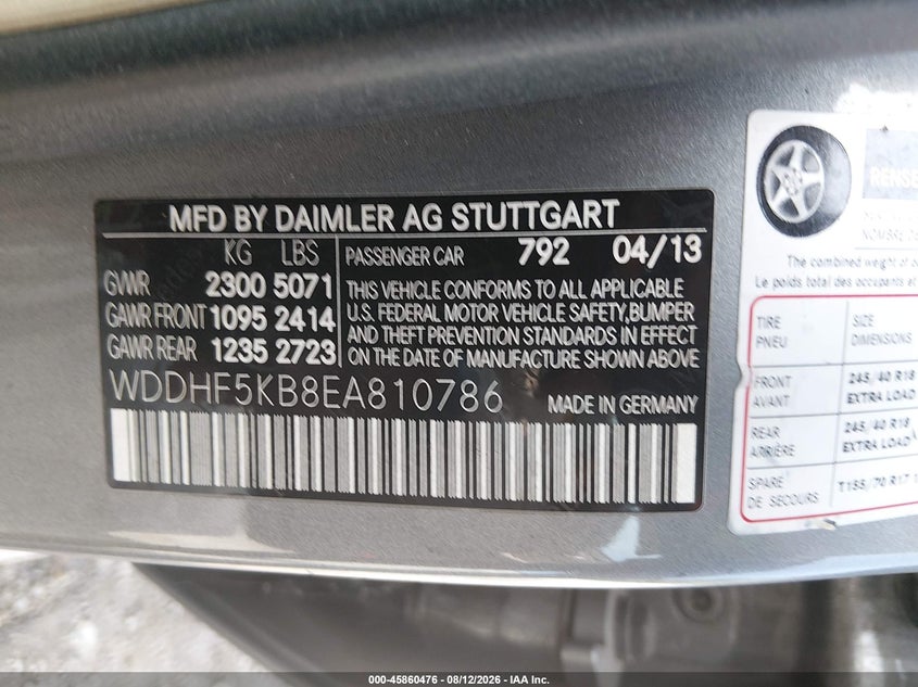 2014 Mercedes-benz E-klasse VIN WDDHF5KB8EA810786 IAAI salvage auction — NORMAL WEAR, Clear (Georgia), sold $725 on 2026-08-20 (photo 9)