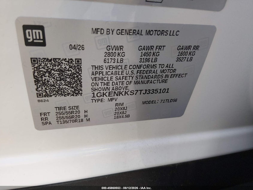 2026 Gmc Acadia VIN 1GKENKKS7TJ335101 IAAI salvage auction — REAR END, Wait Title, sold $16,250 on 2026-08-20 (photo 9)