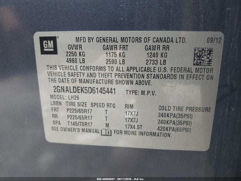 2013 Chevrolet Equinox VIN 2GNALDEK5D6145441 IAAI salvage auction — FRONT END, Salvage Title, sold $900 on 2026-09-02 (photo 9)