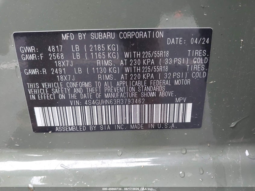 2024 Subaru Xv VIN 4S4GUHN63R3793462 IAAI salvage auction — FRONT END, Mv-907A (New York), sold $8,150 on 2026-09-08 (photo 9)