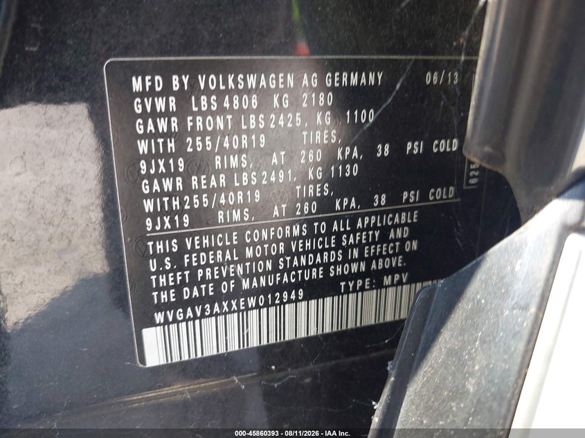 2014 Volkswagen Tiguan VIN WVGAV3AXXEW012949 IAAI salvage auction — NORMAL WEAR, Salvage Title, sold $2,450 on 2026-08-18 (photo 9)