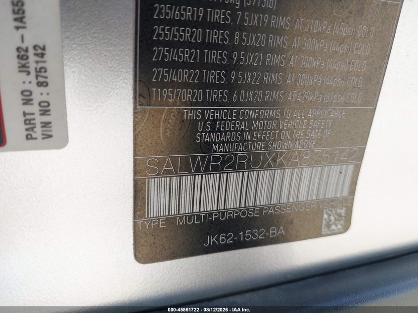 2019 Land rover Range rover sport VIN SALWR2RUXKA875142 IAAI salvage auction — NORMAL WEAR, Original (Texas), sold $10,450 on 2026-08-19 (photo 9)