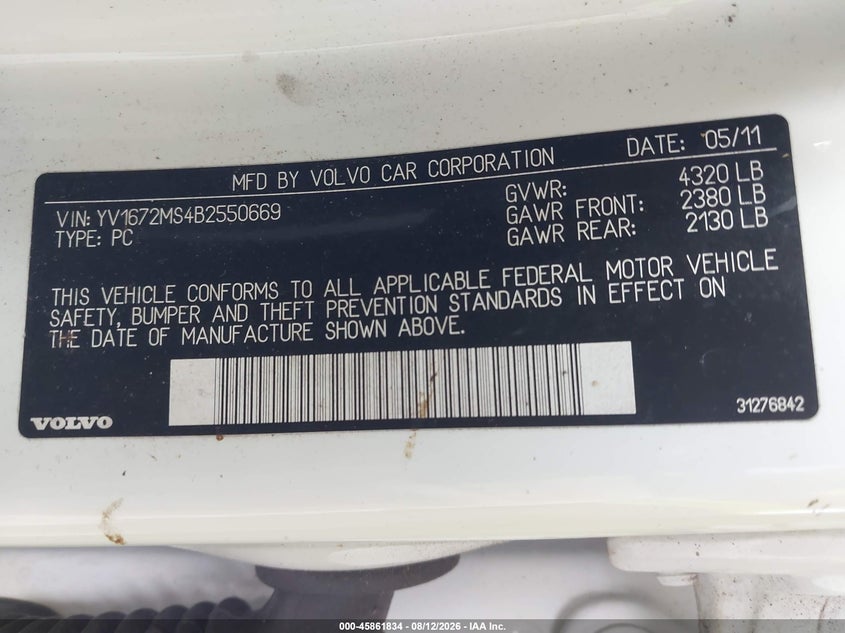 2011 Volvo S40 VIN YV1672MS4B2550669 IAAI salvage auction — NORMAL WEAR, Clear (Florida), sold $75 on 2026-08-18 (photo 9)