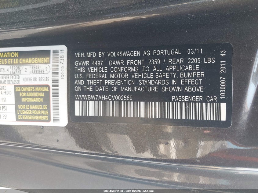 2012 Volkswagen Eos VIN WVWBW7AH4CV002569 IAAI salvage auction — NORMAL WEAR, Salvage (South Carolina), sold $775 on 2026-08-18 (photo 9)