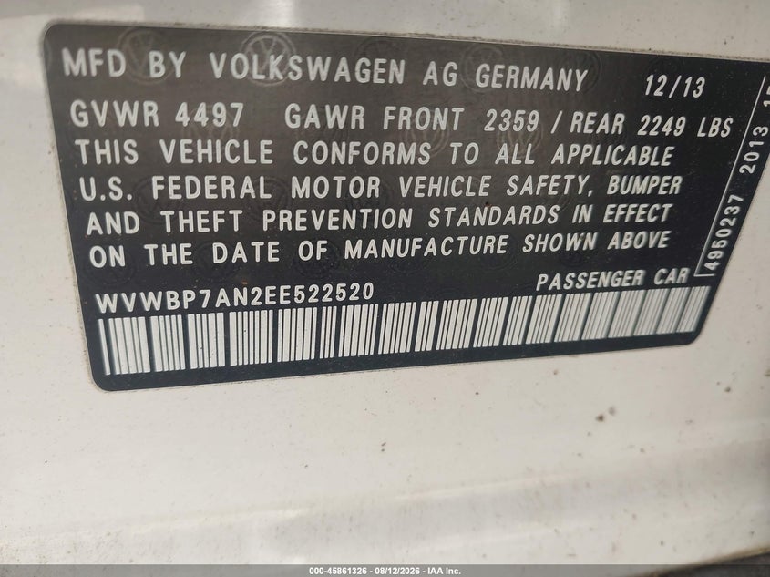 2014 Volkswagen Passat cc VIN WVWBP7AN2EE522520 IAAI salvage auction — NORMAL WEAR, Clear (Virginia), sold $550 on 2026-08-17 (photo 9)