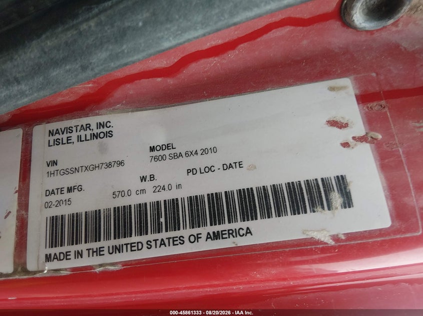 2016 International VIN 1HTGSSNTXGH738796 IAAI salvage auction — ROLLOVER, Salvage - Greater Than 75% (Maryland), sold $0 on 2026-09-19 (photo 9)