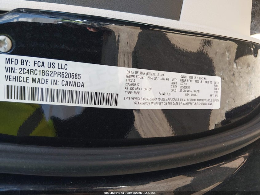 2023 Chrysler Pacifica VIN 2C4RC1BG2PR620685 IAAI salvage auction — FRONT END, Salvage Title, sold $11,300 on 2026-08-20 (photo 9)