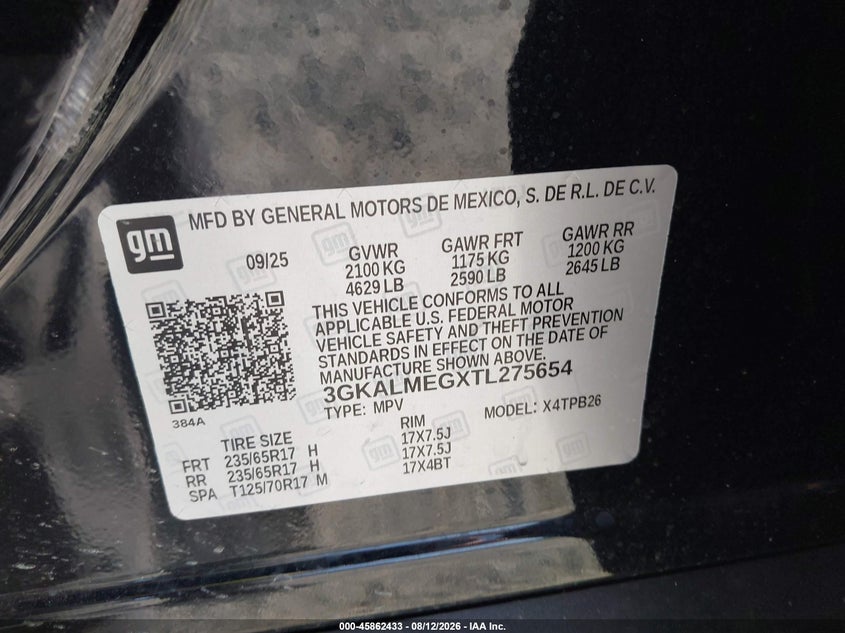 2026 Gmc Terrain VIN 3GKALMEGXTL275654 IAAI salvage auction — FRONT END, Wait Title, sold $17,600 on 2026-08-19 (photo 9)