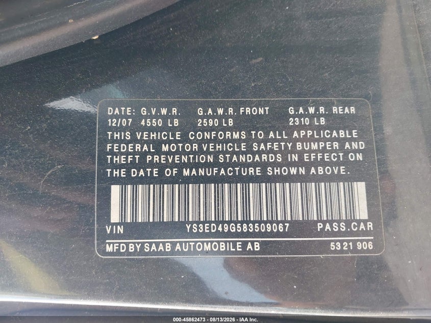 2008 Saab 9-5 VIN YS3ED49G583509067 IAAI salvage auction — NORMAL WEAR, Clear (Pennsylvania), sold $200 on 2026-08-19 (photo 9)