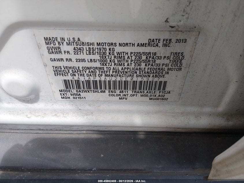 2013 Mitsubishi Outlander VIN 4A4AP3AU2DE015927 IAAI salvage auction — REPOSSESSION, Salvage Title, sold $1,600 on 2026-09-04 (photo 9)