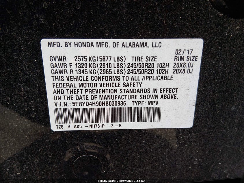 2017 Acura Mdx VIN 5FRYD4H90HB030936 IAAI salvage auction — FRONT END, Clear (Oklahoma), sold $6,900 on 2026-09-27 (photo 9)