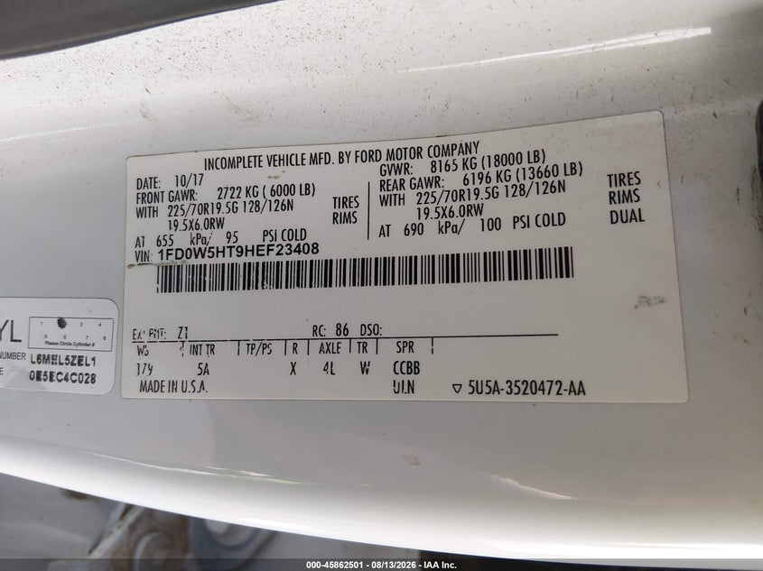 2017 Ford F550 VIN 1FD0W5HT9HEF23408 IAAI salvage auction — REAR END, Salvage (Tennessee), sold $24,800 on 2026-09-18 (photo 8)