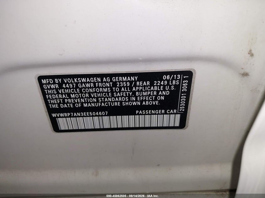 2014 Volkswagen Passat cc VIN WVWRP7AN3EE504607 IAAI salvage auction — HAIL, Salvage (Pennsylvania), sold $1,050 on 2026-08-20 (photo 9)