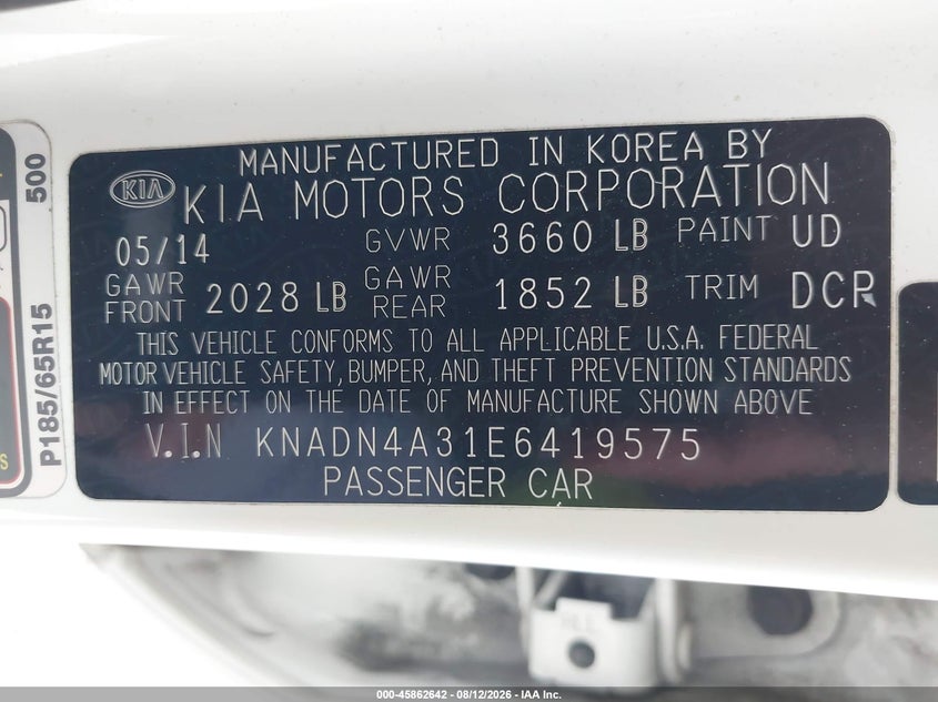 2014 Kia Rio VIN KNADN4A31E6419575 IAAI salvage auction — RIGHT FRONT, Salvage Title, sold $950 on 2026-08-27 (photo 9)
