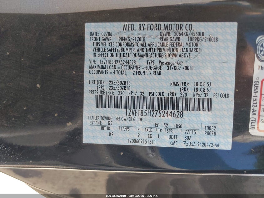 2007 Ford Mustang VIN 1ZVFT85H275244628 IAAI salvage auction — FRONT END, Salvage (Texas), sold $725 on 2026-09-21 (photo 9)