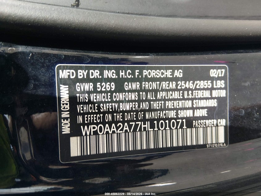2017 Porsche Panamera VIN WP0AA2A77HL101071 IAAI salvage auction — FRONT END, Wait Title, sold $7,700 on 2026-10-03 (photo 9)