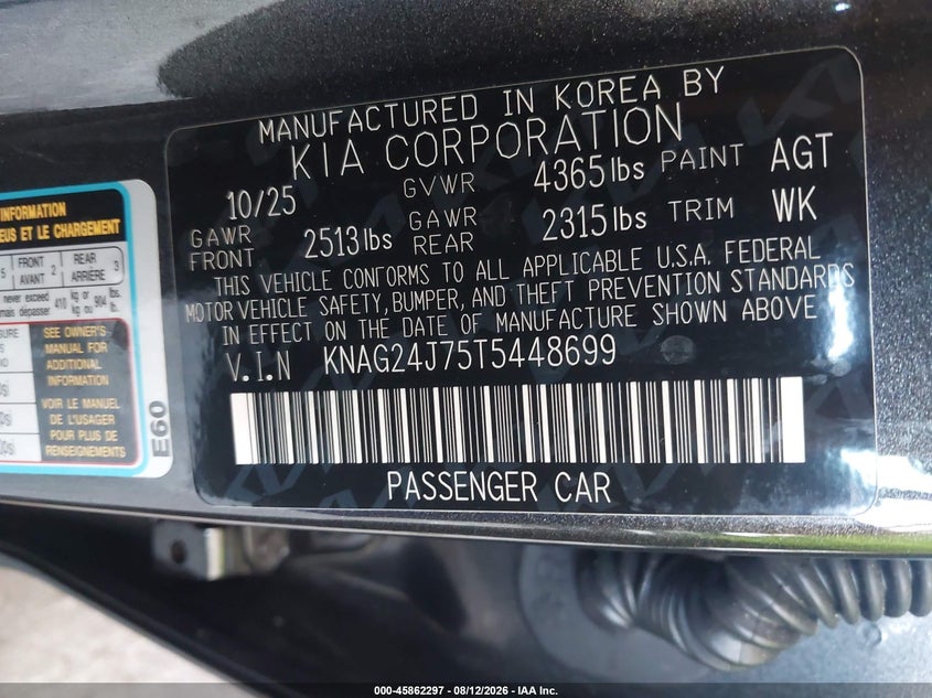 2026 Kia K5 VIN KNAG24J75T5448699 IAAI salvage auction — FRONT END, Salvage Title, sold $9,800 on 2026-08-21 (photo 9)