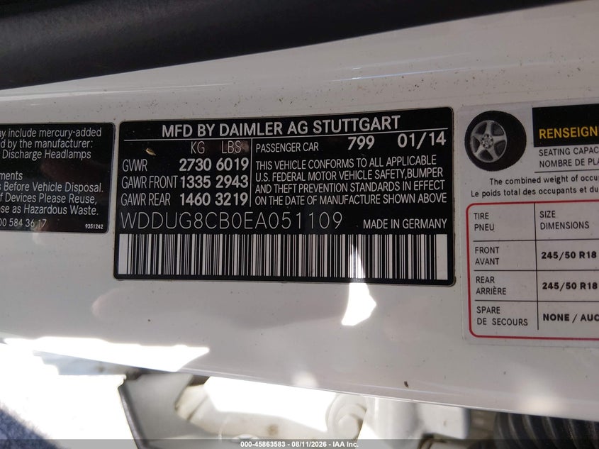 2014 Mercedes-benz S-klasse VIN WDDUG8CB0EA051109 IAAI salvage auction — MECHANICAL, Clear (Florida), sold $6,350 on 2026-08-20 (photo 9)