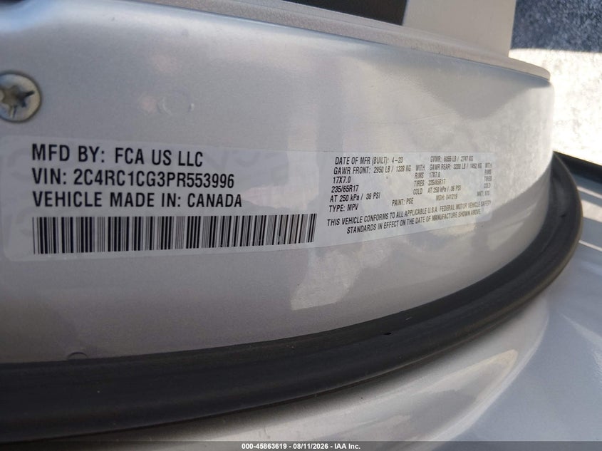 2023 Chrysler Voyager VIN 2C4RC1CG3PR553996 IAAI salvage auction — NORMAL WEAR, Salvage Title, sold $8,000 on 2026-08-26 (photo 9)